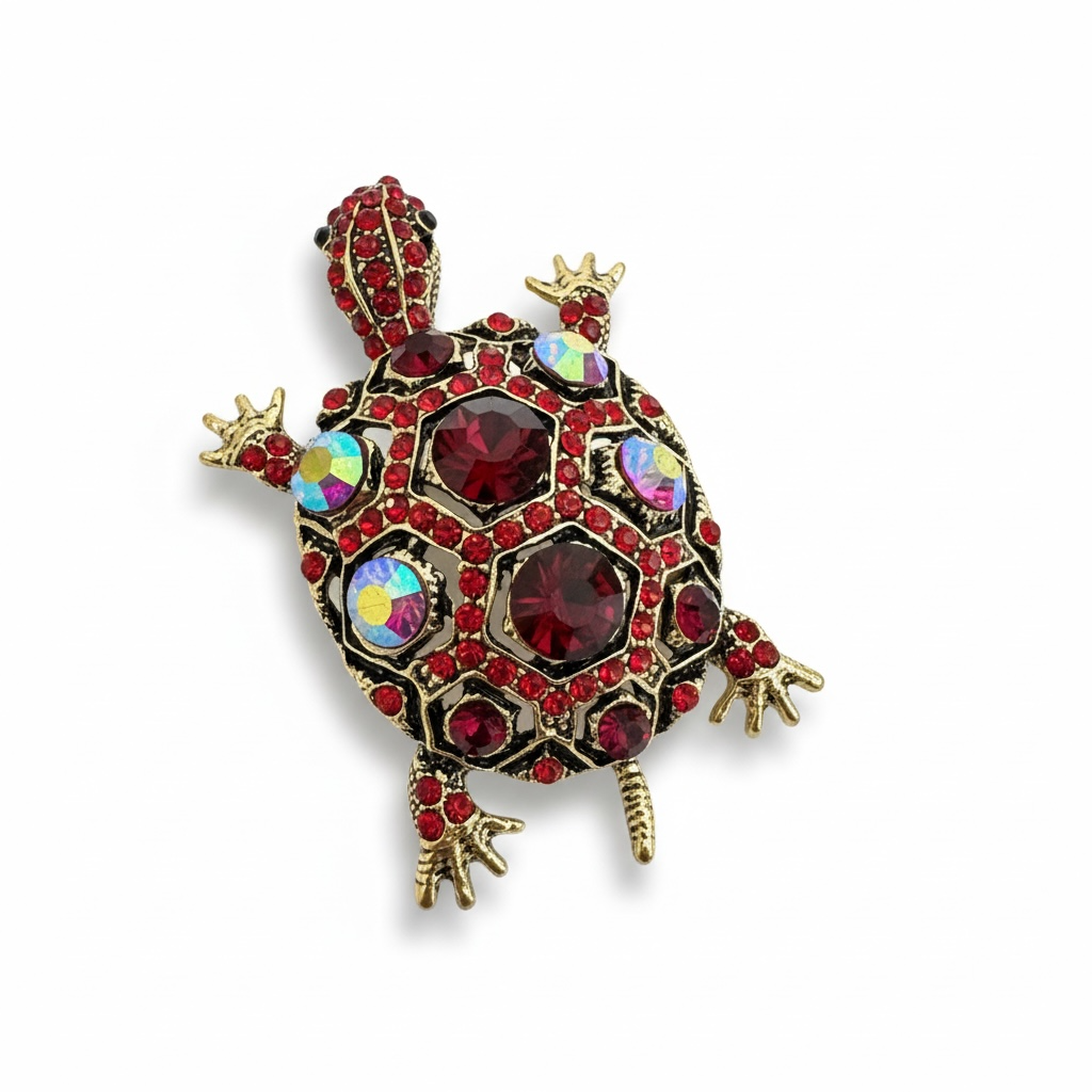 Rhinestone Red Turtle Brooch