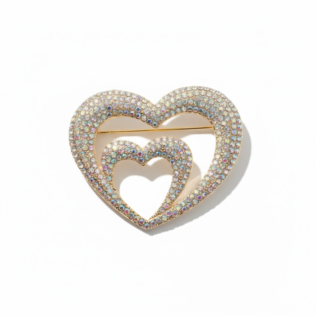 Double Heart Rhinestone Brooch