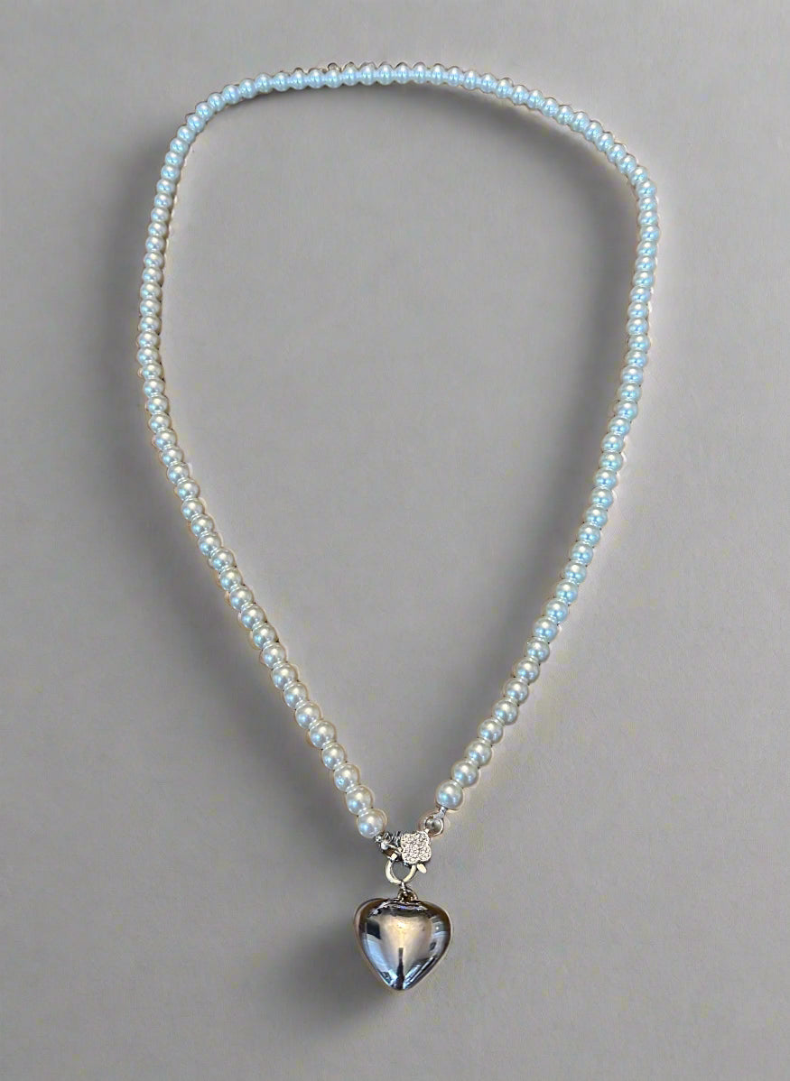 Pearl Necklace Silver Heart Pendant