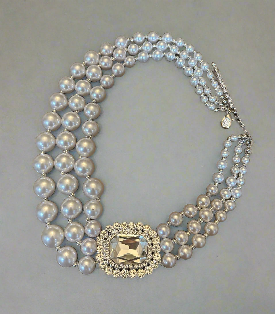 Triple Faux Pearl Rhinestone Necklace