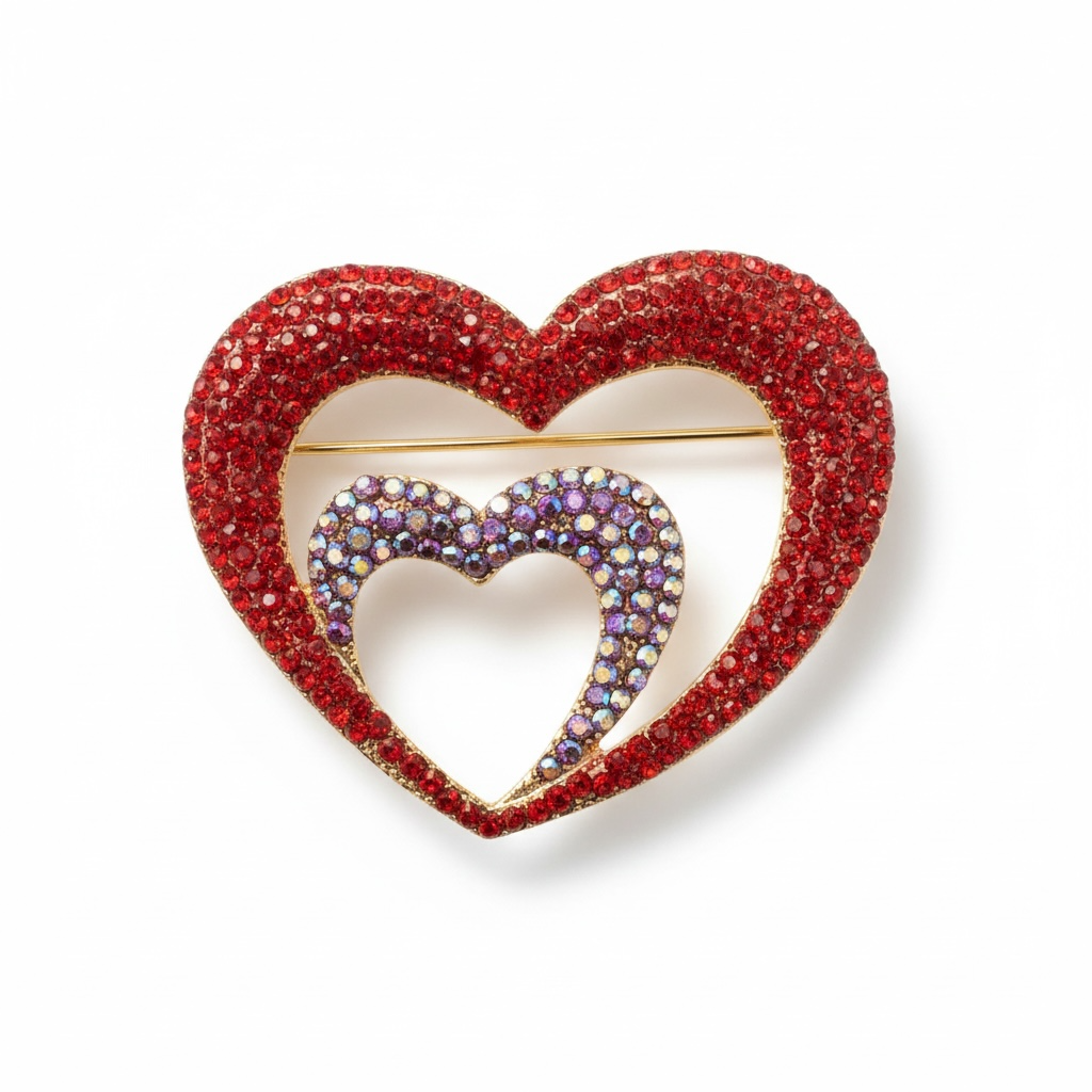 Double Heart Rhinestone Brooch